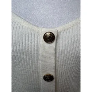 Flying Tomato Cream Ribbed Knit Top Gold Crest Buttons Lace Balloon Sleeve M thumbnail 2
