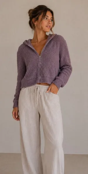Babaton Aritzia Purple Teddy Bear Cropped Hoodie Sweatshirt Womens XXS Cozy Zip thumbnail 1