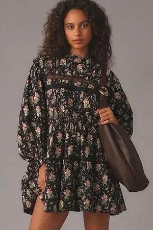 Anthropologie Pilcro Swing Mini Dress Womens Large Black Floral NWT Lace thumbnail 1
