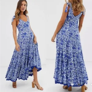 FREE PEOPLE Kikas Blue And White Floral Tie Shoulder Maxi Dress Size Medium thumbnail 2