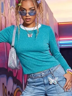 Susan Bristol Y2K Vintage Shimmer Top Sparkle Knit Medium Long Sleeve Stretch Teal Blue Bratz thumbnail 4