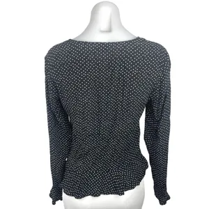 H&M Black White Polka Dot Ruffle V Neck Long Sleeve Peplum Blouse Top Size 4 thumbnail 2