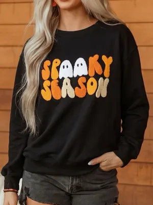 Embroidered Spooky Season Long Sleeve Round Neck Sweatshirt thumbnail 1