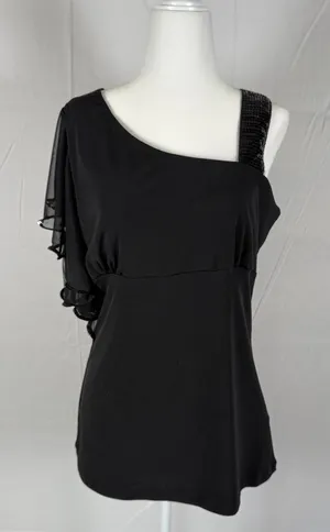 Studio Y Y2K Womens Black One Shoulder Sequin Strap Ruffle Mesh Sleeve Top Large thumbnail 1