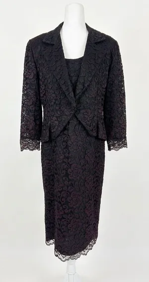 Vtg Le Crillon‎ Black Red Lace 2 Piece Dress Blazer Suit Set Size 10 Wedding thumbnail 1