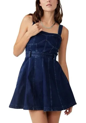 Free People Dark Indigo Denim Mini Dress Size L It has pockets on the sides. thumbnail 1