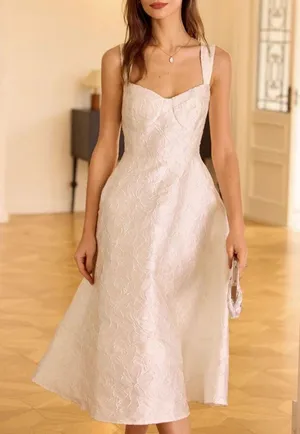 Rihoas White Sweetheart Neck Jacquard Midi Dress thumbnail 2
