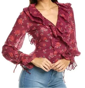 Free People Amanda Ruffle Wrap Top Blouse Floral Red Pink Size M thumbnail 1