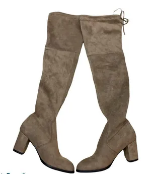 Over the knee stretch vegan suede heeled boots tan thumbnail 1
