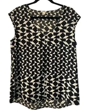 J. Crew Factory White & Black Geometric Cap-Sleeve Tank‎ Blouse Size 10 thumbnail 1