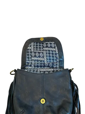 Lucky Brand Vintage Fossil Blue Leather Mini Bag Tassle Fringe Trim Y2K Boho Hippie Indie thumbnail 3