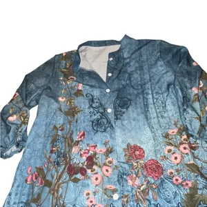 Blue faded look top with floral design. thumbnail 6