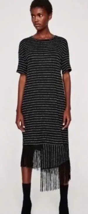 ✨ZARA Trafaluc Knit Fringe Striped Midi Tee Sz Small Dress✨ thumbnail 1