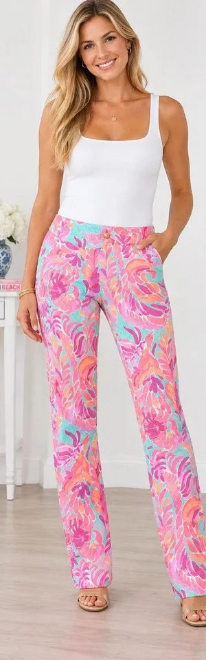 Lilly Pulitzer Floral Print Straight Leg Pants Pink Aqua Size 00 thumbnail 1