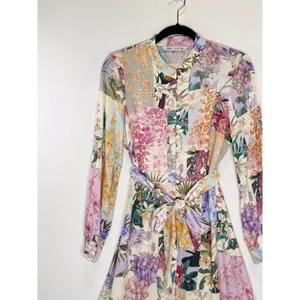 ZARA Dress Purple Mini Floral Patchwork Linen Shirtdress Waist Tie Boho Medium thumbnail 6