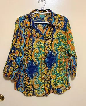 Vibrant Paisley Button-Down Shirt in Blue & Yellow - Women’s Classic Collar thumbnail 1