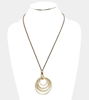 New Womens Boutique Worn Gold Layered Metal Hoop Pendant Long Necklace thumbnail 1