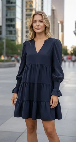 Tuckernuck Women's M Blue Tiered Mini Dress Long‎ Sleeve V-Neck Pomander Place thumbnail 1