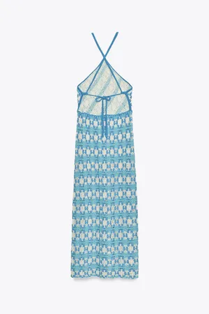 Zara Blue Patterned Crochet Halter Maxi Dress Bohemian Summer Casual thumbnail 6