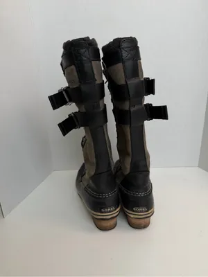 Sorel Boots Conquest Carly Leather Tall Lace Up Buckles Moto Olive Green Black thumbnail 3