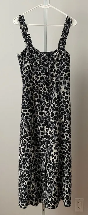 Zara MobWife Moody Animal Print Ruffle Strap Button Midi Dress M Black‎ White thumbnail 1