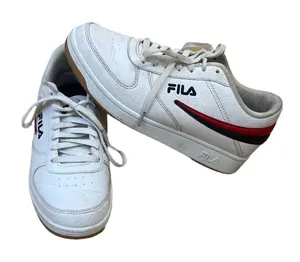 FILA Women’s White Retro Court Sneakers Size 9 Red Navy Stripe Leather Low Top thumbnail 1