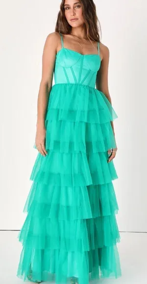 Lulus Teal Green Tulle Bustier Tiered Maxi Dress thumbnail 1