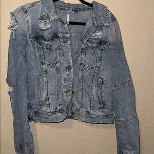 Free People Light Blue Distressed Denim Jacket thumbnail 3