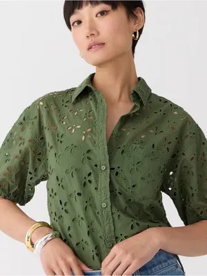 J. Crew Olive Green Spring Garden Eyelet Button-up Blouse thumbnail 1
