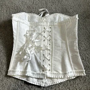 White on white brocade true corset lace up coquette western burlesque size XL thumbnail 2