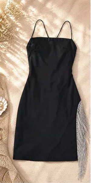 White Fox Black Rhinestone Fringe Mini Dress | Size Medium thumbnail 1