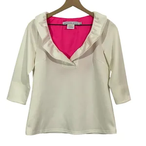 Gretchen Scott Jersey Ruffle Neck 3/4 Sleeve Top - White - Small thumbnail 2