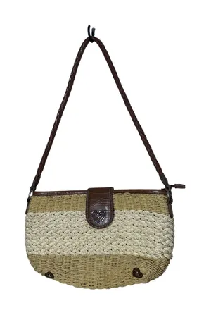 Vintage Coldwater Creek Woven Straw Shoulder Bag Brown Heart Medallion thumbnail 1