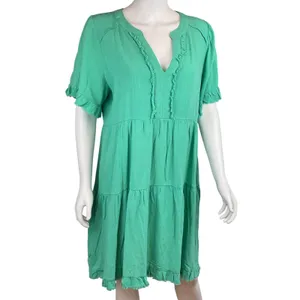 Umgee Green Tiered Frayed Hem V‎ Neck Short Sleeve Casual Dress Size Medium thumbnail 3