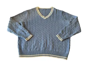 J Galt Shanghai Blue Cable‎ Knit V-Neck Sweater Striped Trim Preppy Pullover thumbnail 1