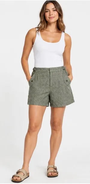 Athleta Voyager 100% Linen Shorts Womens 12 Aspen Olive Adjustable Waist thumbnail 1