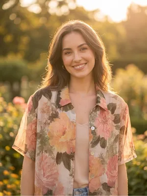 J.B.S. Sheer Floral Button-Down Shirt in Peach, Pink and Green thumbnail 1