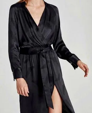 Zara NWT black v neck split hem tie belt long sleeve midi dress thumbnail 1