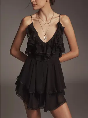 Anthropologie Maeve Scoop-Neck Frilly Ruffled Romper size medium romantic dainty thumbnail 1
