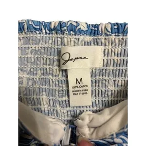 Japna Blue‎ White Floral Smocked Square Neck Crop Top Puff Sleeve Tie Front Sz M thumbnail 5