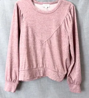 Evereve Rose Pink Chevron‎ Puff Sleeve Sweatshirt Knit Pullover Top L thumbnail 1