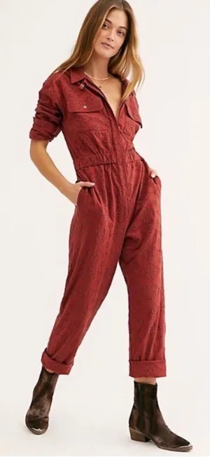 Free People Set The Tone Eyelet Long Sleeve Jumpsuit Terracotta Red Women's Sz 4 thumbnail 1