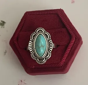 02 Collection Stainless Steel Silver Bohemian Design Faux Turquoise Statement Ring Size 7 thumbnail 1