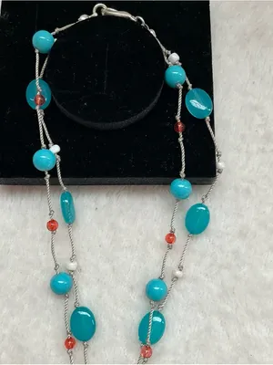 Turquoise Bead Necklace with Carved Cream Pendant thumbnail 2