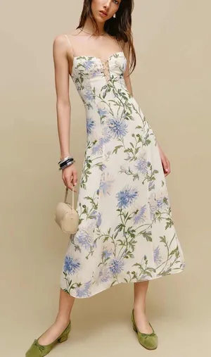 Reformation Emely Dress Midi Length Serenity Ivory Lilac Floral Lace Up French 8 thumbnail 1