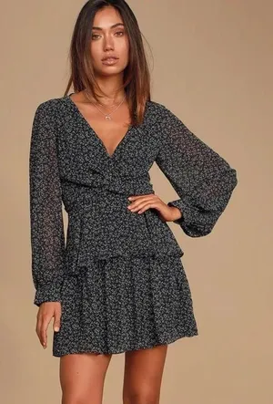 Lulu's Black Floral V-Neck Mini Dress. thumbnail 1
