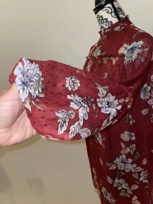 Japna Red Floral Boho Semi Sheer Ruffle Neck Long Sleeve Shift Dress Size Small thumbnail 5