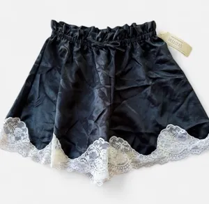 Vintage Natori Black High Waist Satin Shorts with White Lace Trim Sz Small NWT thumbnail 1