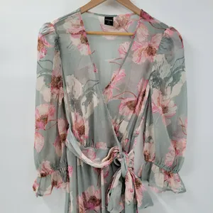 Express Wrap Dress Womens S/M Green Floral Watercolor Sheer Tiered Long Maxi thumbnail 5