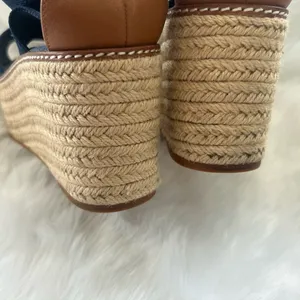 Tory Burch Frieda Espadrille 3.25” Platform Wedge Royal Blue Gold Tan Size 9 thumbnail 4